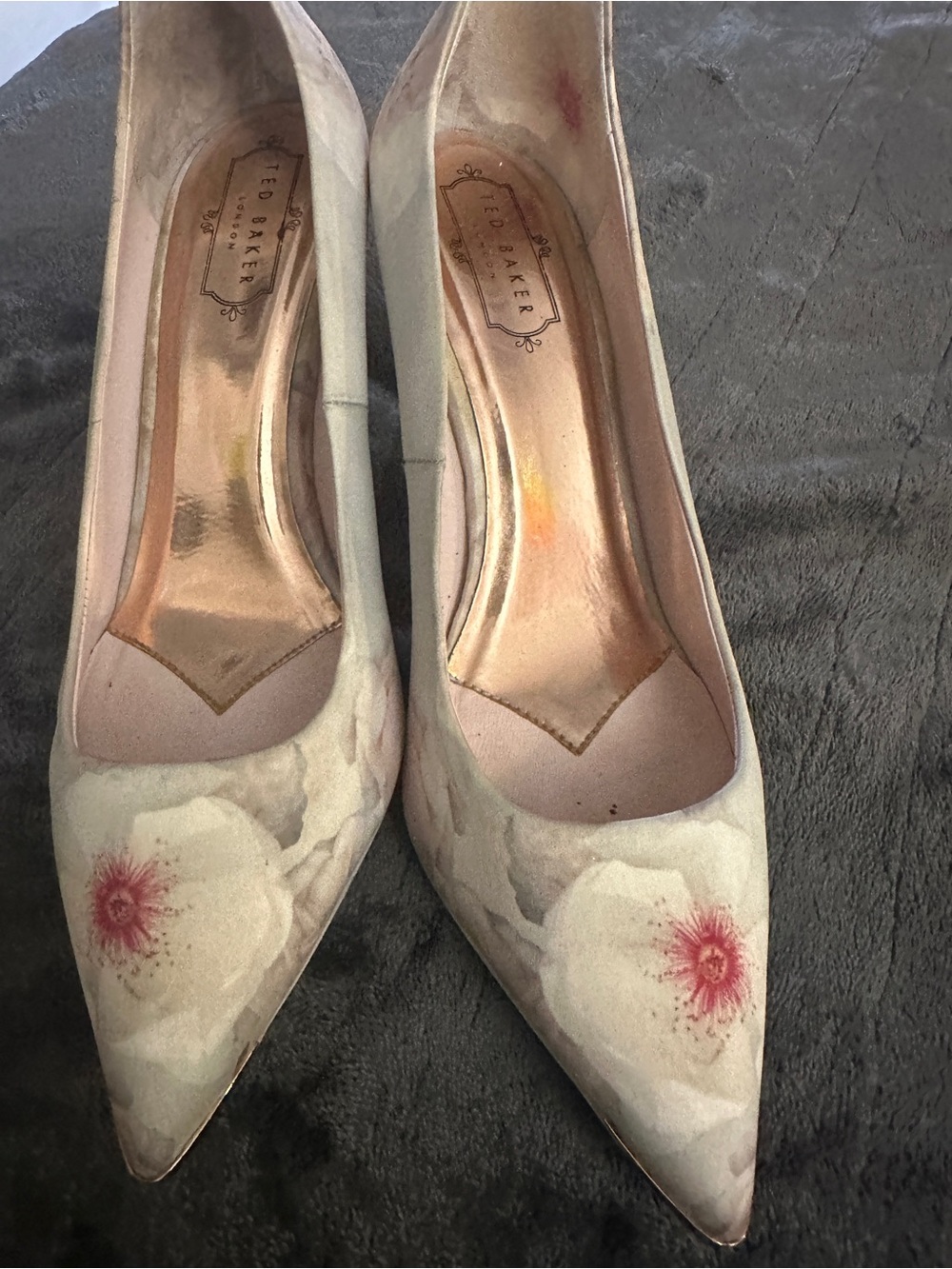 Ted Baker Cream Floral Pointed Toe Heels with Pink Accents